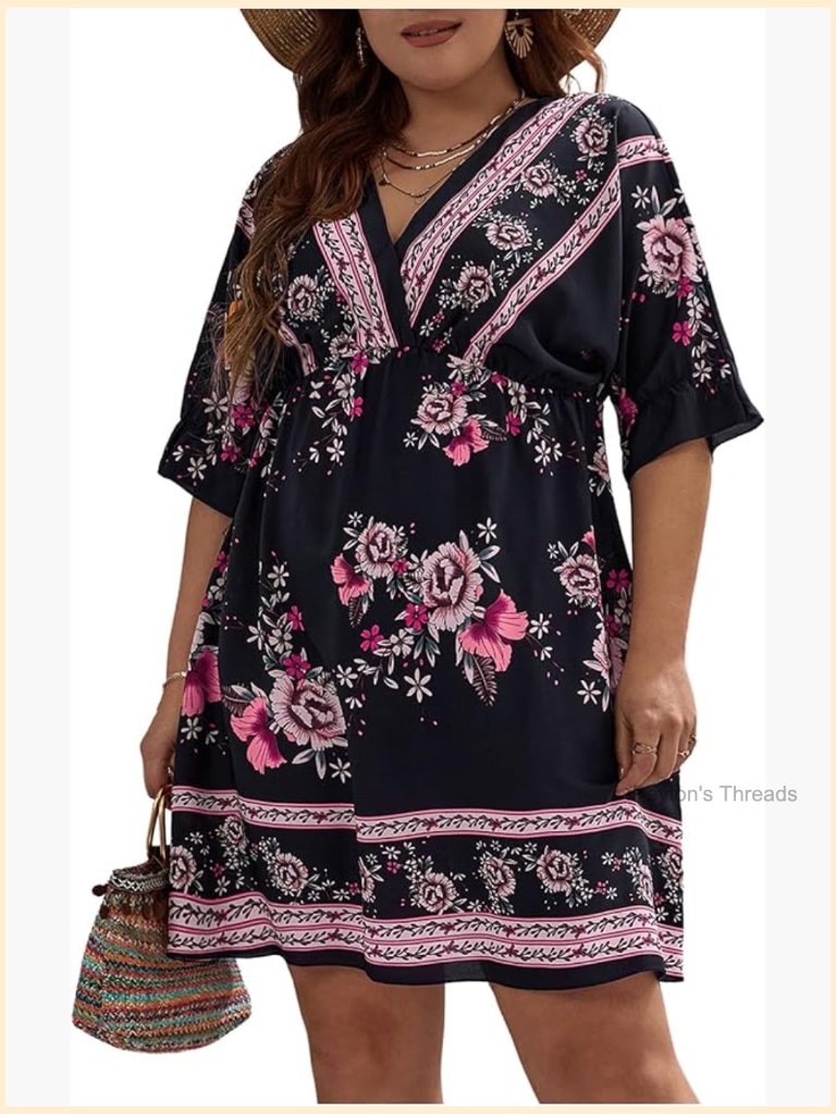 Plus Size Boho Floral Print High Waist V Neck Flared A Line Midi Dress